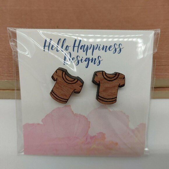 Wooden T-Shirt Stud Earrings By Hello Happiness Designs Hand Drawn Lazer Cut - Picture 2 of 6
